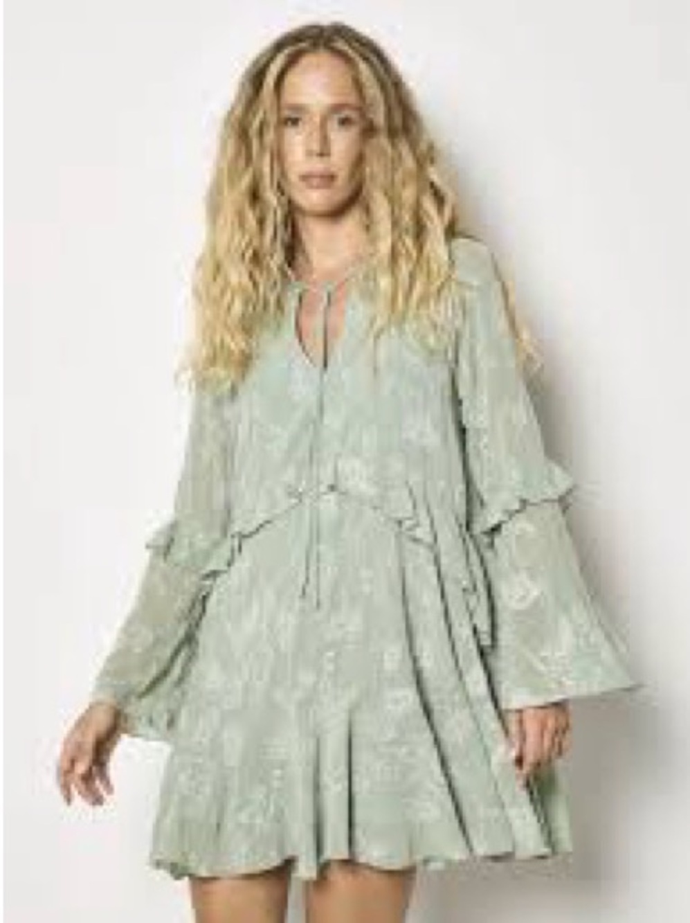 NWT Apricot Embroidered Women’s Sage Green Floral Ruffle Mini Dress L